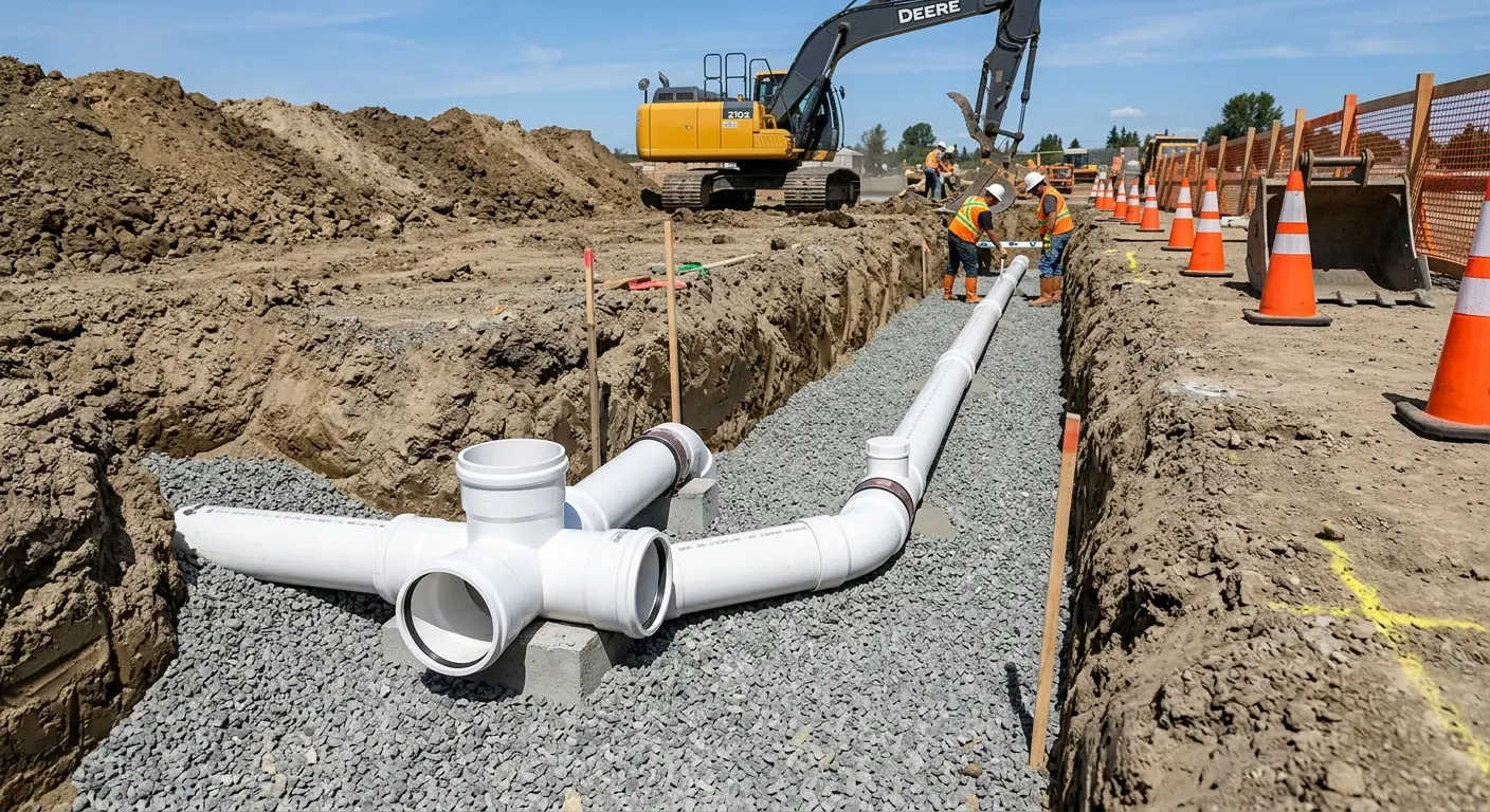 New PVC sewer pipe installation in open trench for Sewer Backup in Dartmouth