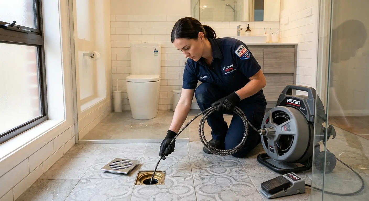 Technician clearing a bathroom floor drain for Drain Cleaning in Dartmouth